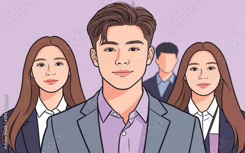 Three young people pose in a professional manner while standing close together in front of a soft purple background.