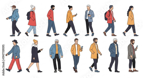 Diverse Group of Urban Pedestrians Walking in Profile, Representing Different Ages and Lifestyles in a Modern Flat Design Illustration Collection