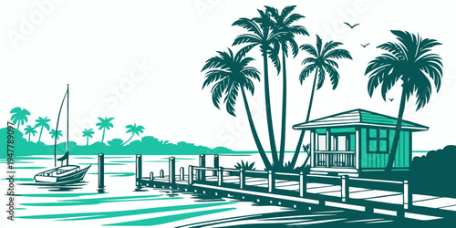 A small house on a dock with palm trees Vector