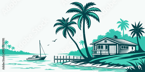 A house on the shore with palm trees and a boat Vector