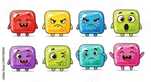 Collection of cute and colorful cartoon monsters expressing different emotions, perfect for use in children's designs and animations