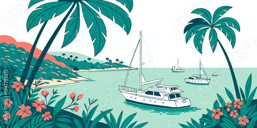 A serene tropical bay with boats and palm trees Vector