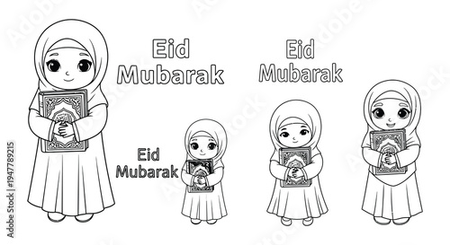 Adorable chibi girls with books celebrating eid mubarak in black and white