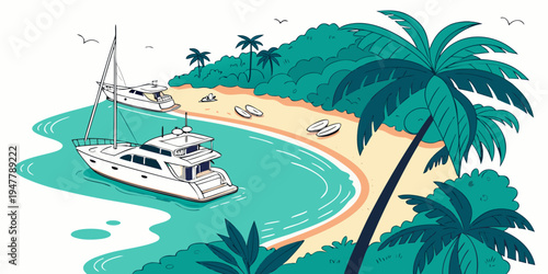 A white boat sailing on a beach with palm trees Vector
