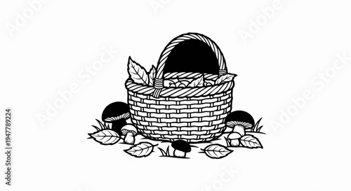Woven basket overflowing with foliage and mushrooms sits on the ground