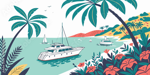 A boat sails in the ocean near a tropical island with palm trees Vector