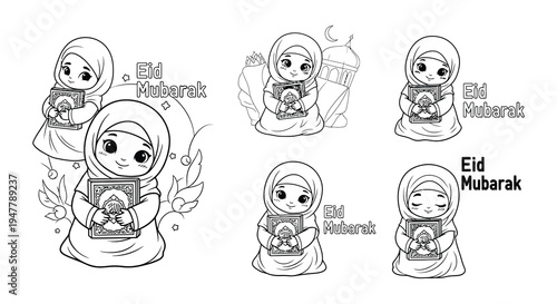 Adorable chibi girls with books celebrating eid mubarak in black and white