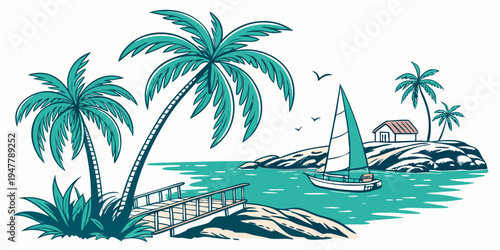 A tropical island with palm trees and a sailboat Vector