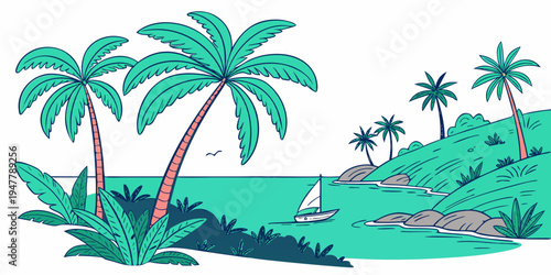 A tropical island with palm trees and a sailboat Vector