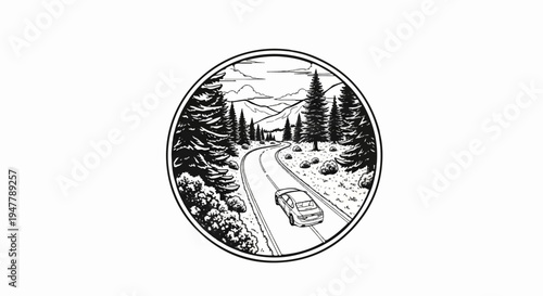 Winding road through coniferous forest with distant mountains and car