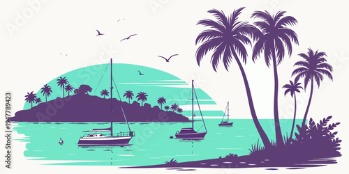 A tropical island with palm trees and sailboats Vector