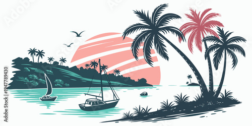 A tropical island scene with palm trees and a boat Vector