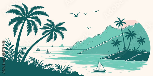 A tropical island with palm trees and a body of water Vector