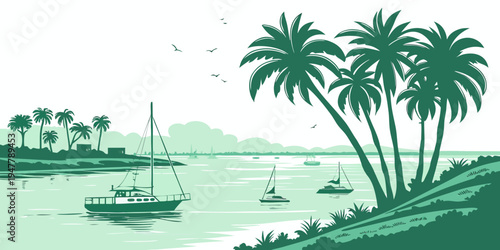 A serene tropical beach scene with boats and palm trees Vector