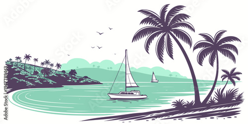 A sailboat on a tropical island with palm trees Vector