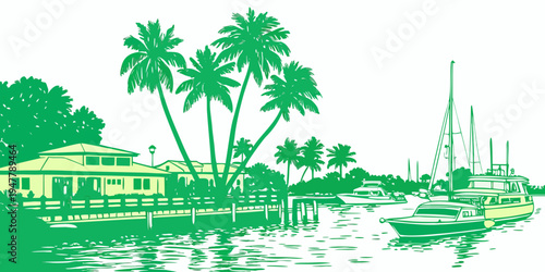 A green silhouette of a tropical waterfront scene Vector