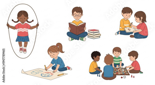 Children engaging in various educational and recreational activities, fostering development and learning