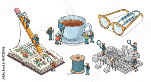 Tiny people engaged in various activities writing, drinking coffee, reading, and working on a keyboard, all with a whimsical, miniature-world aesthetic