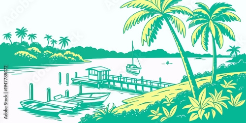 A serene tropical scene with palm trees and a dock Vector