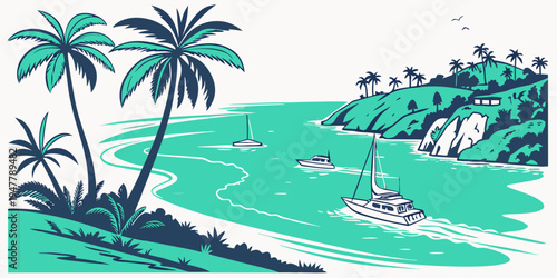 A tropical island with palm trees and a body of water Vector