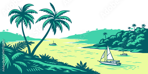 A serene tropical landscape with palm trees and a sailboat Vector