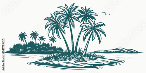 A small island with palm trees and a bird flying overhead Vector