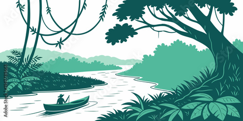 A serene jungle scene with a river and trees Vector
