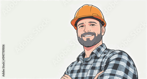 A construction worker stands with arms crossed, smiling while wearing a hard hat and a plaid shirt in a bright office space.