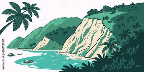 A tropical cliffside with a body of water Vector