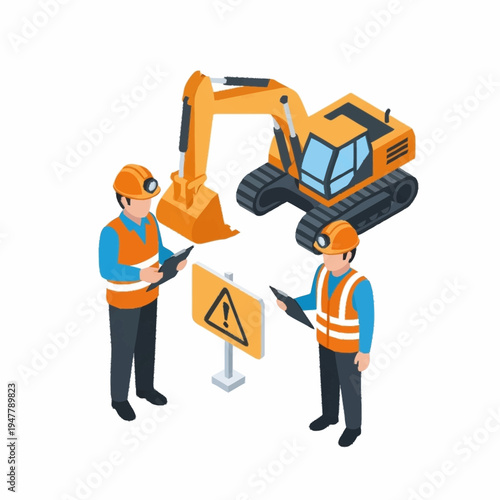 Isometric illustration of construction workers with excavator and warning sign.