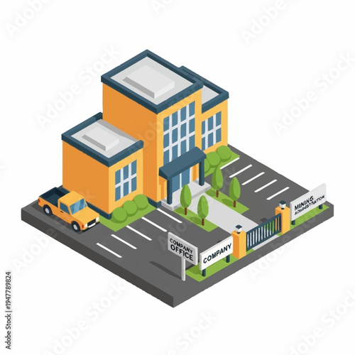 Isometric illustration of a company office building with parking and signage.