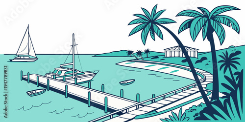 A dock with boats and palm trees by the water Vector