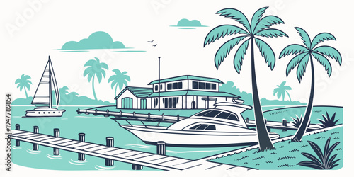 A tropical island scene with a large house and palm trees Vector