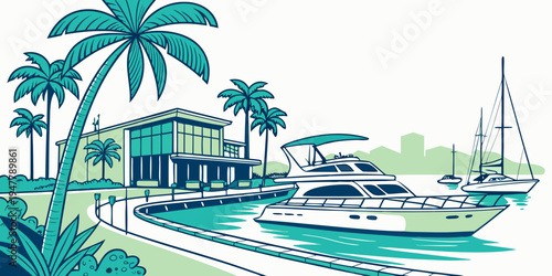 A boat is docked in front of a house with palm trees Vector