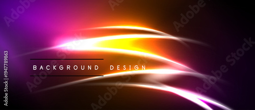 Abstract vibrant lines create glowing effect. Purple, orange, white blend into dark background. Modern design element.