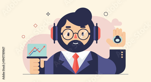 Man with headphones and chart, holding a coin-like object