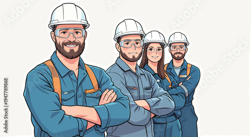 Four workers smile while standing in a row at a construction site. They wear safety goggles and hard hats for protection.