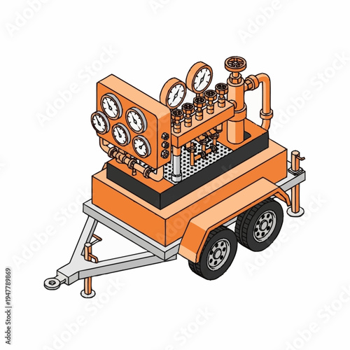 Illustration of an orange industrial pressure testing unit mounted on a trailer with multiple gauges and valves.