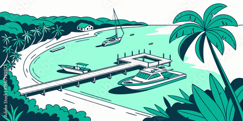 A serene tropical island with a dock and palm trees Vector