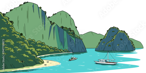 A serene tropical bay with a sailboat and lush green mountains Vector
