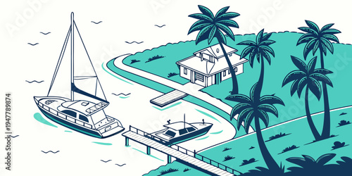 A sailboat docked near a tropical island with palm trees Vector