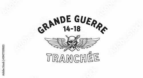 WWI trench warfare emblem featuring skull, wings, dates, and text