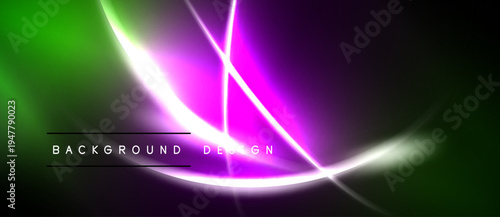 Vibrant neon lines intersect over dark background. Green, purple, white hues create dynamic visual effect. Modern design element.