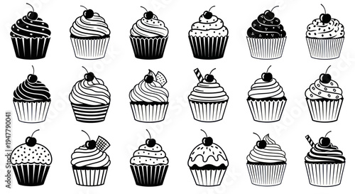 Hand-drawn Cupcakes Collection: Sweet Dessert Illustrations in Black and White