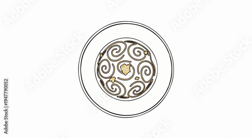 Stylized swirl pattern on a plate with scattered toppings