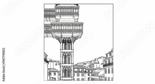 Ornate architectural structure rises above a city skyline