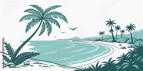 A tropical beach with palm trees and a body of water Vector