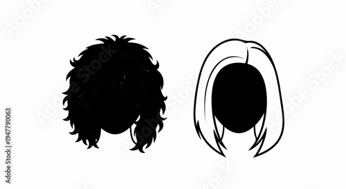 Two contrasting silhouettes of hairstyles, one curly and dark, the other straight and light