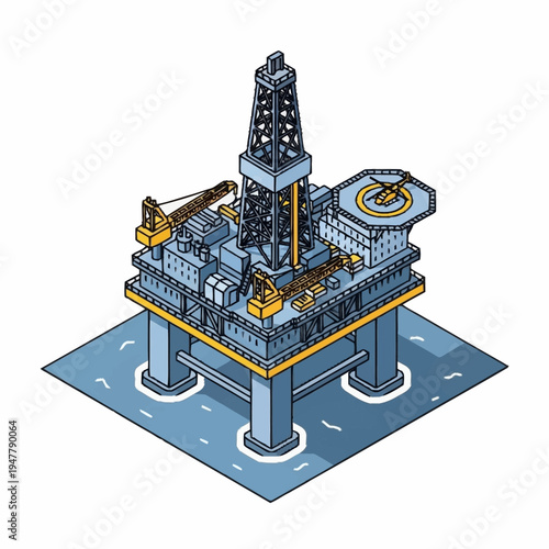 Isometric illustration of a large offshore oil drilling platform with a helipad, situated on a calm body of water.