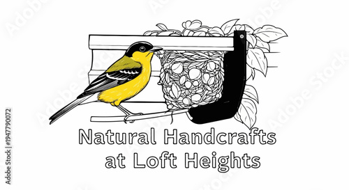 Yellow bird building nest on a gutter with leaves and text